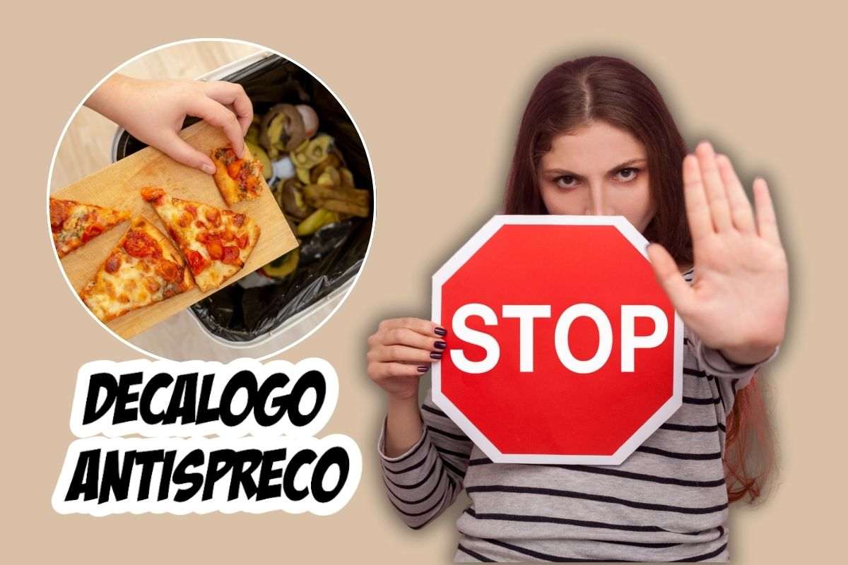 Donna con cartello di stop e cibo sprecato